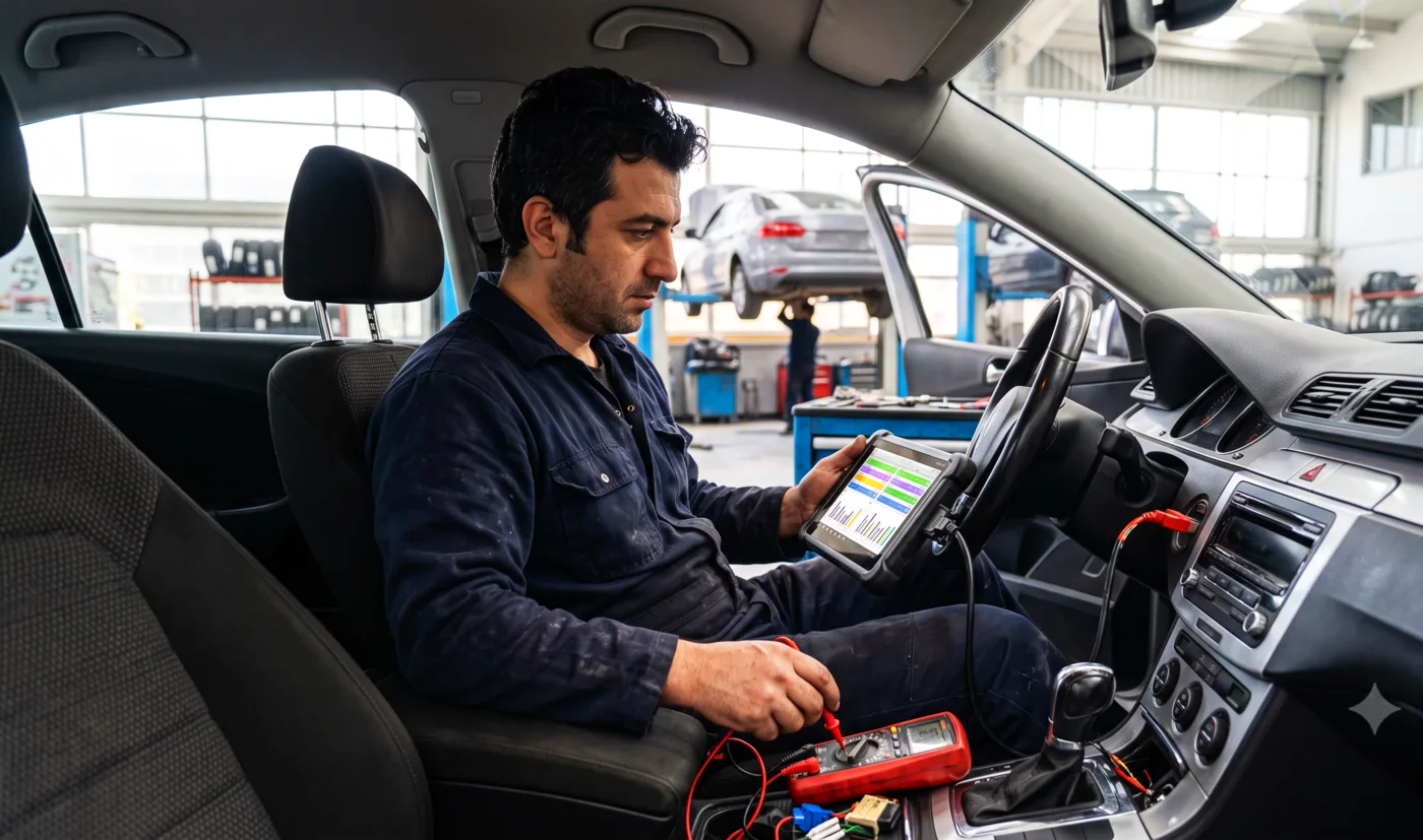 Oto elektrik ustası arıza tespit cihazıyla çalışırken