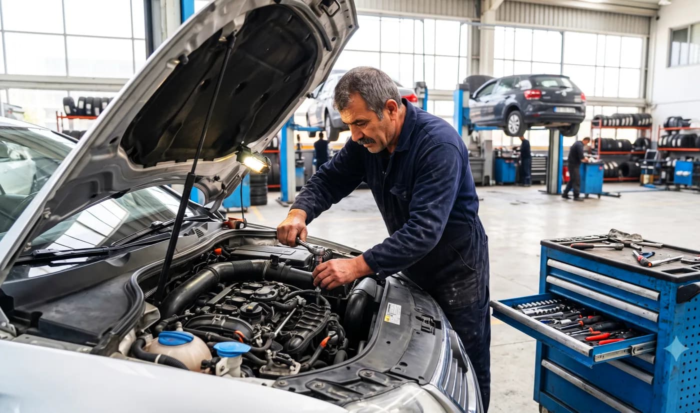 Mekanik ustası motor üzerinde bakım yaparken